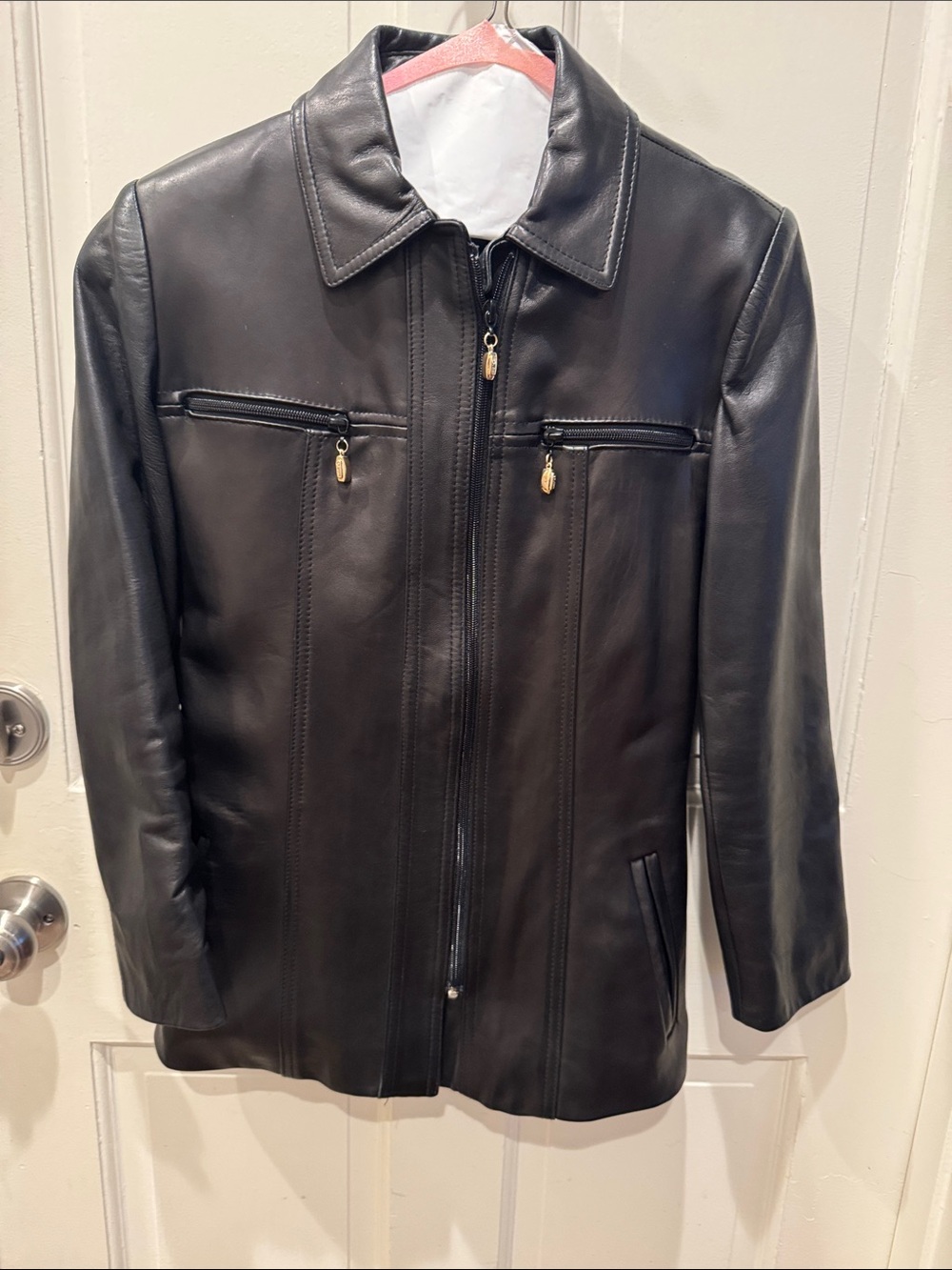 St. John Black Leather Zip-Front Jacket